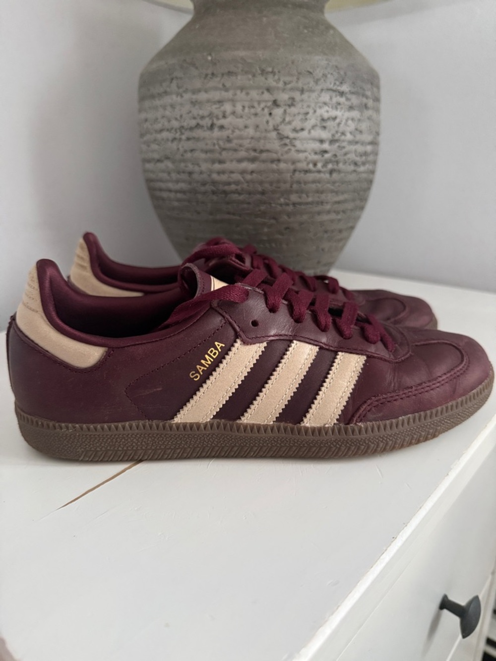 adidas Samba Leather Sneakers in Burgundy & Beige Stripes